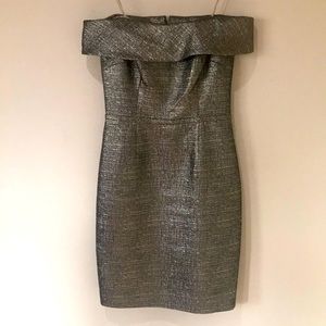Teri Jon Off-the-shoulder Metallic Silver-Grey Midi Dress in Size 4